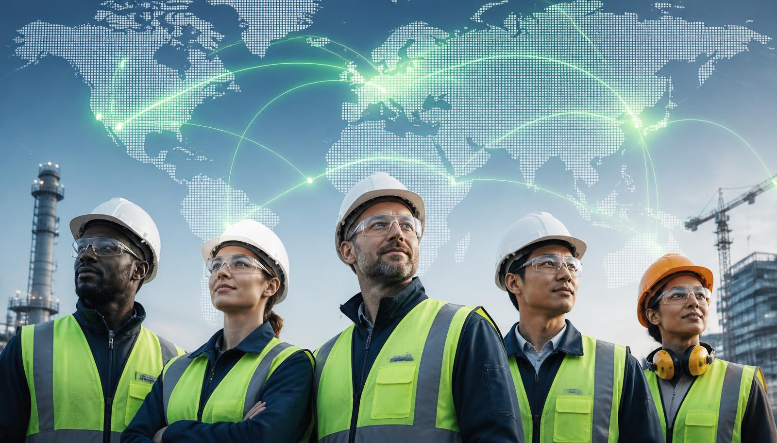 Diverse hi-vis workers and staff from around the world connected by a glowing global network map